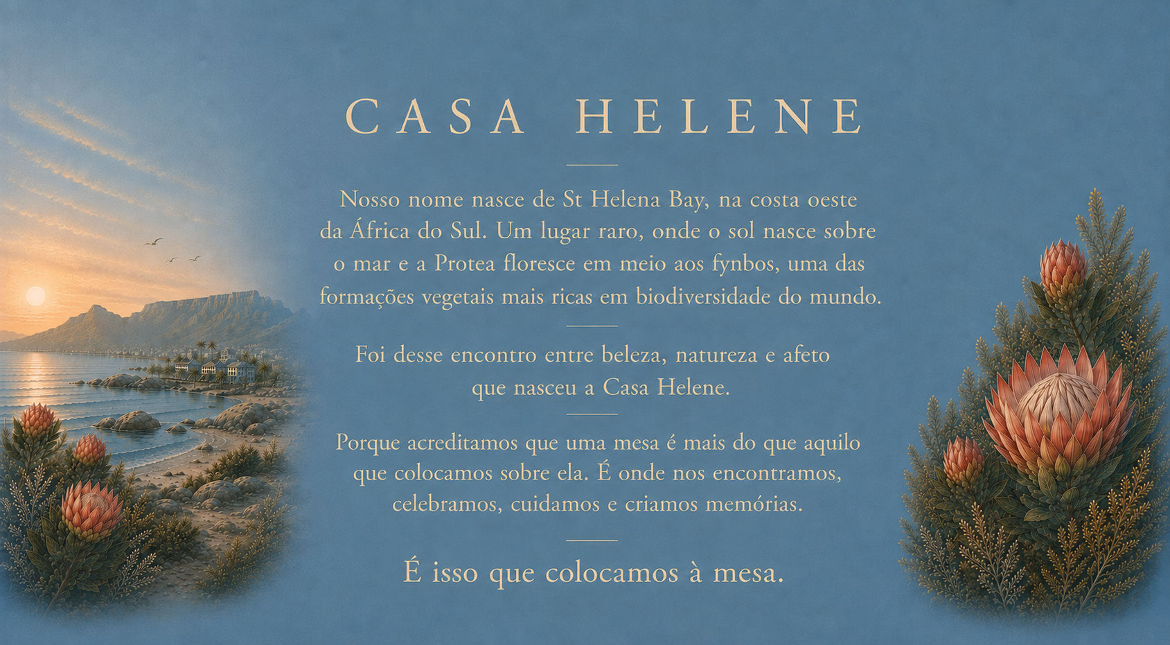 Casa Helene: nosso nome nasce de St Helena Bay, na costa oeste da África do Sul, onde o sol nasce sobre o mar e a Protea floresce selvagem entre o fynbos