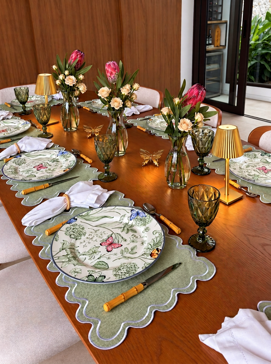 Mesa posta com pratos botânicos, taças verdes, proteas rosas e luminárias douradas